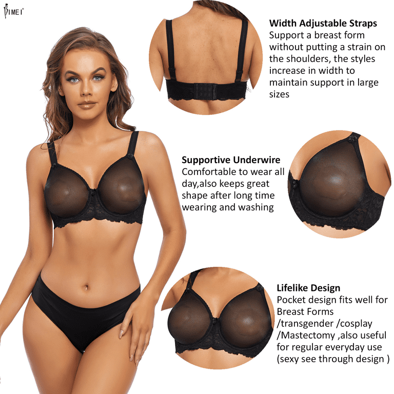 BIMEI See Through Bra CD Lace Mastectomy Lingerie Bra Silicone Breast Forms  Prosthesis Pocket Bra with Steel Ring 9018,Black,38C