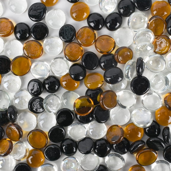 HUIANER 120Pcs Decorative Flat Glass Marbles 17-19mm Rock Vase Filler Mixed Color for Fish Tank Table Scatter Decor (Transparent, Amber, Black)