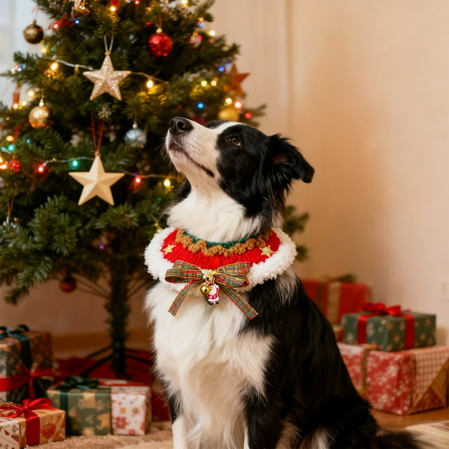 Collar Navideño con Adorno para Perros y Gatos | Lazo Rojo de Algodón Suave Tejido a Mano con Cascabeles Dorados | Bufanda Festiva Ajustable para Cachorros, Gatitos, Conejos y Mascotas Pequeñas