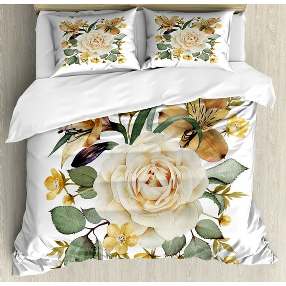Ambesonne Rose Duvet Cover Set, Romantic Bridal Bouquet, Queen, Pale Orange Cream Green