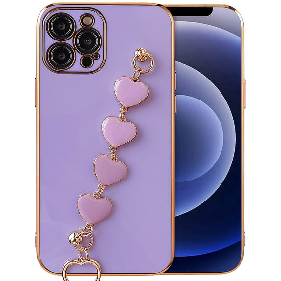 Compatible with iPhone 12 Pro Max Case 6.7 inch 2020 Release Luxury Plating Soft TPU Case with Love Heart Chain Bracelet Strap Shiny Cute Pretty Protective Cover for Women Grils Matcha Green
