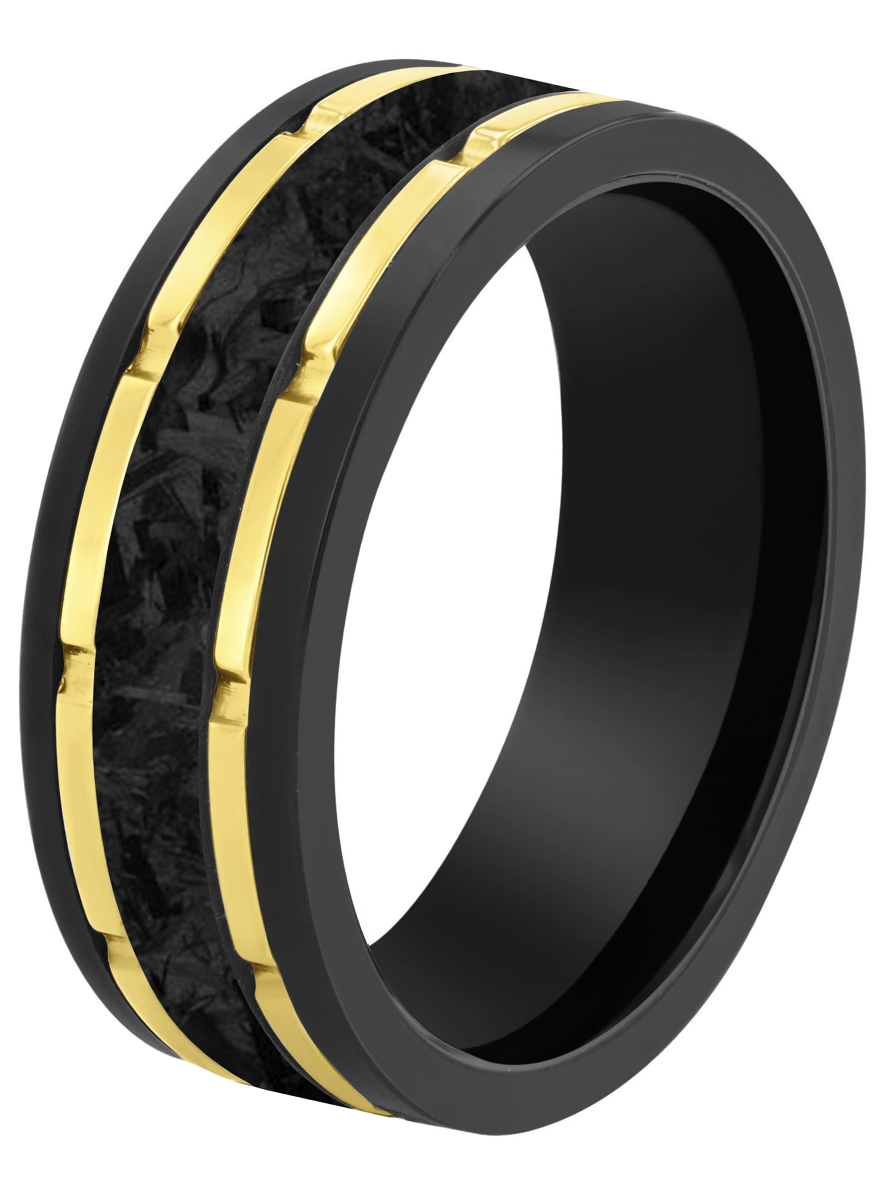 Brilliance Fine Jewelry Men's Black Tungsten with Yellow Finish & Forged Carbon Fiber Center Grooved Band - Wedding Band
