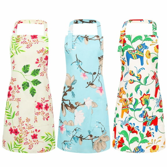 AOWOO 3 Pack Floral Aprons for Women - Adjustable Kitchen Aprons with 2 Pockets & Neck Strap, Multi-Purpose Aprons for Cooking, Baking, Gardening, and Household Chores