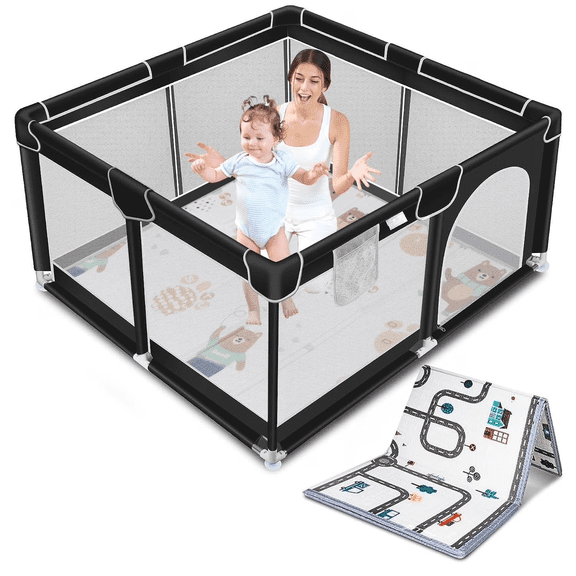 Baby Playpen, Large Indoor and Outdoor Play Yards, 360° Visibility , for Toddler-Black