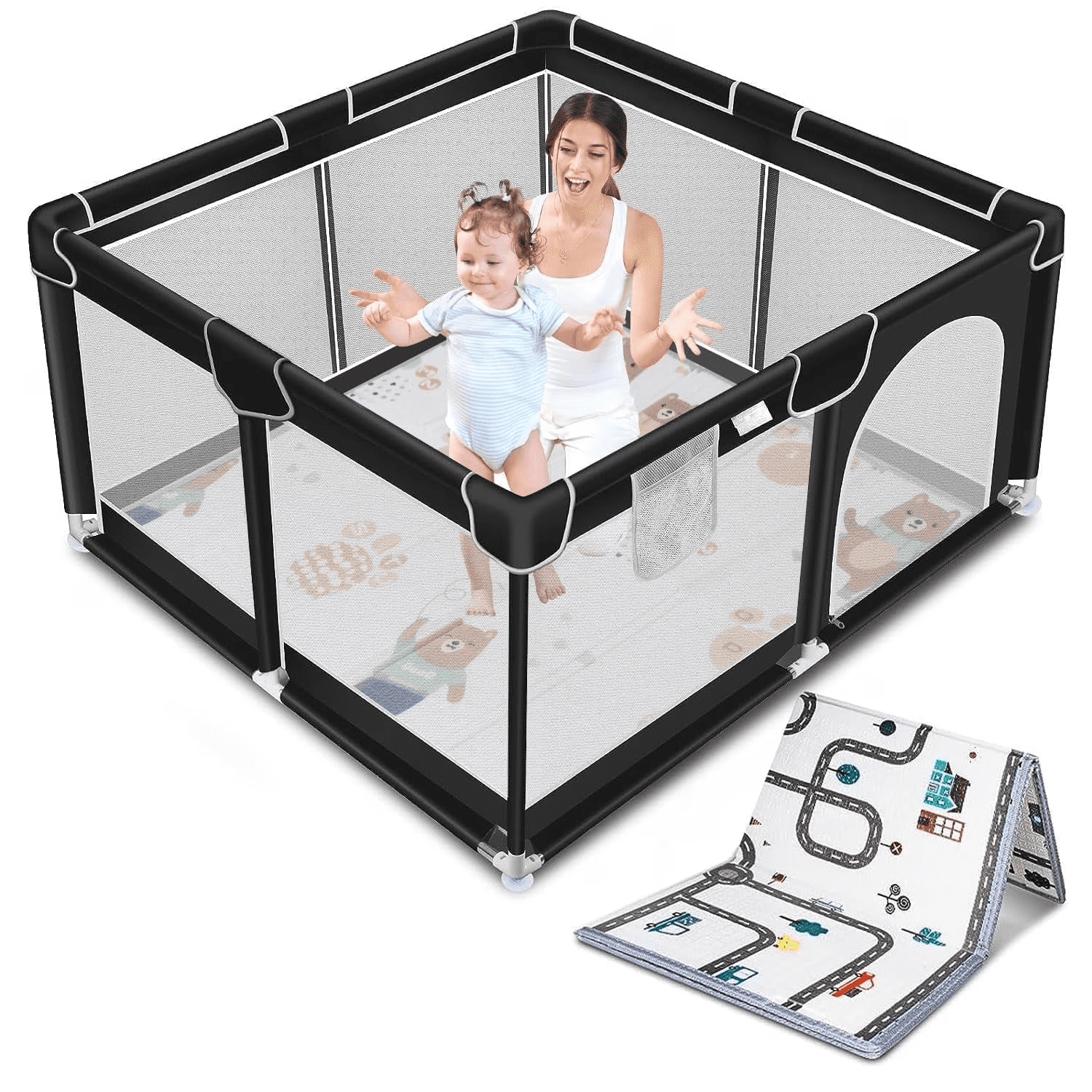 Baby Playpen, Large Indoor and Outdoor Play Yards, 360° Visibility , for Toddler-Black