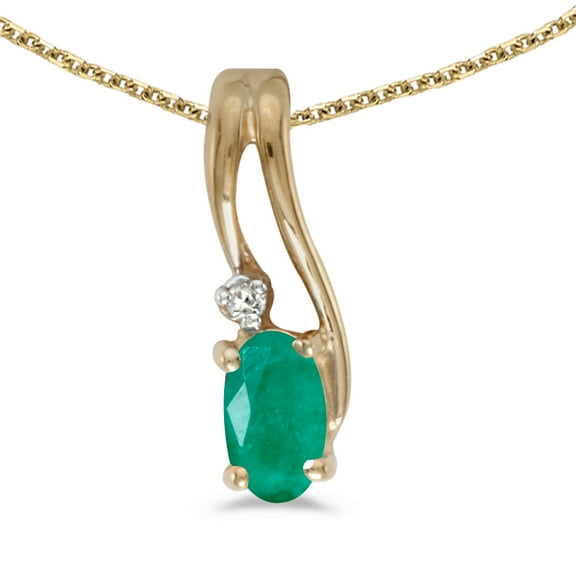 10k Yellow Gold Oval Emerald And Diamond Wave Pendant with 18" Chain