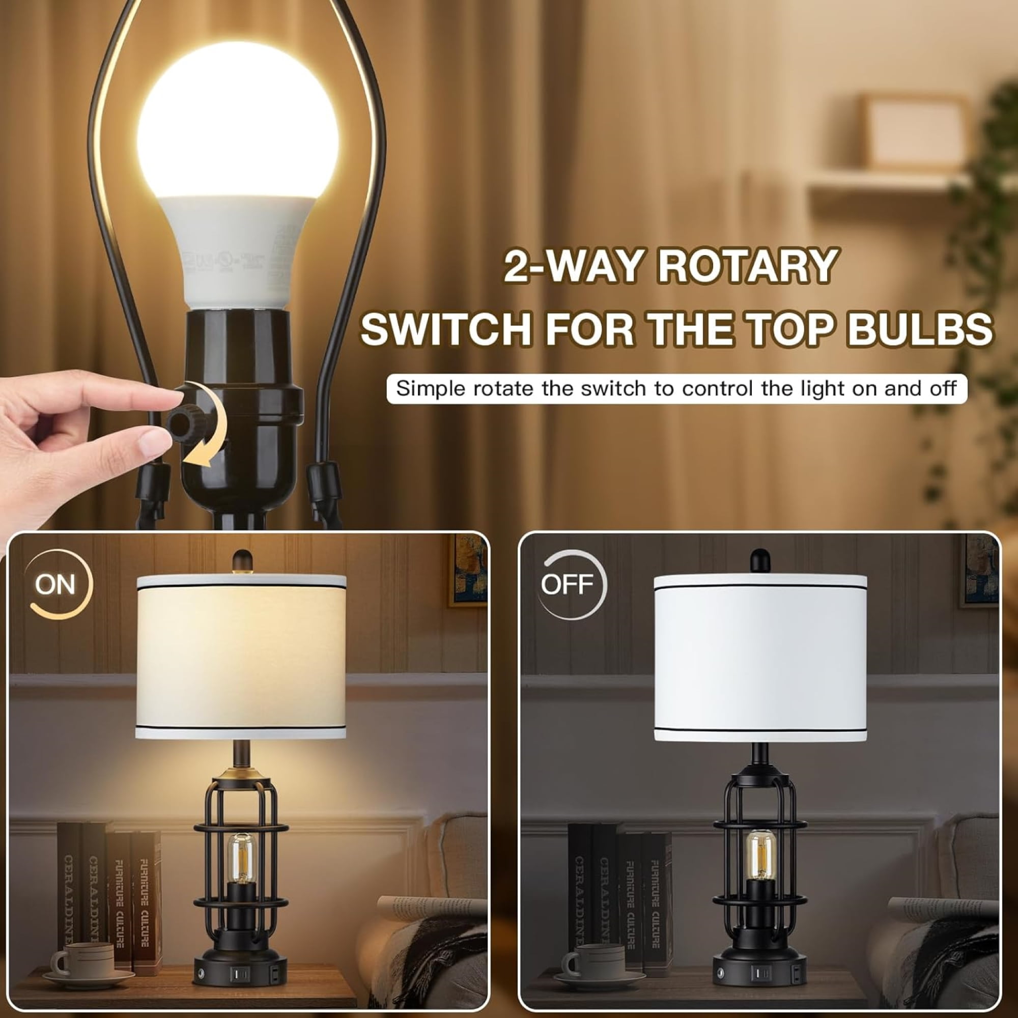 Cinkeda Modern Table Lamp for Living Room Bedroom Single Industrial 3 Way Dimmable Touch Control Bedside Lamp with USB C+A Ports AC Outlet Nightlight