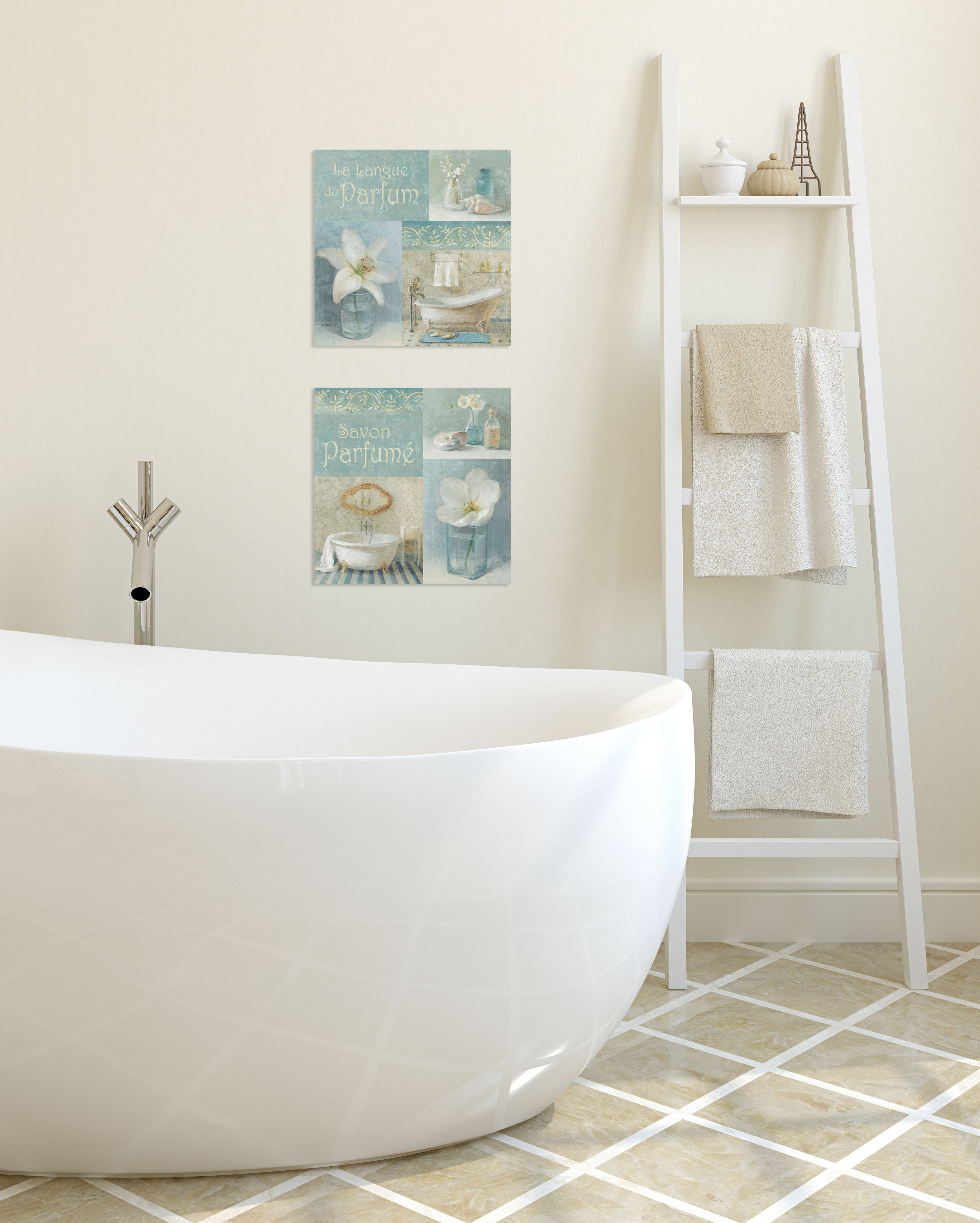 Gango Home Decor French Bathtub & Floral Collage Bathroom Wall Art; Two