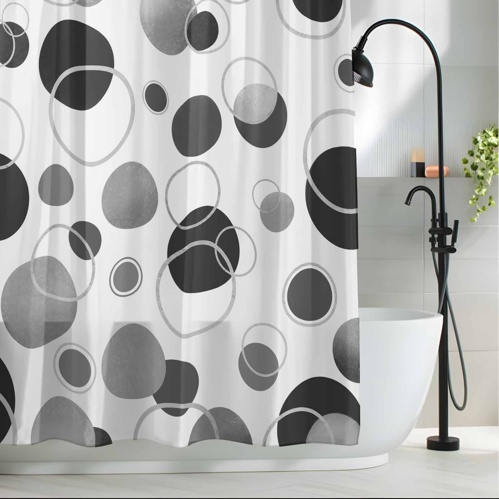 Grey Black Polka Dots Long Shower Curtain Set, Waterproof Shower Curtains for Bathroom, Modern Abstract Art Washable Fabric Cloth Bath Curtain for Bathtub Decoration with Hooks 72x84 Inches Geometric