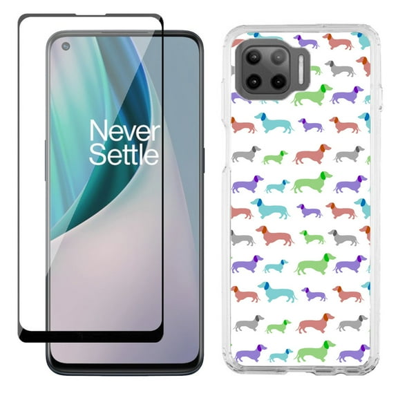 Slim-Fit Protective Phone Case compatible with Motorola Moto One 5G UW, with Tempered Glass Screen Protector, by OneToughShield ® - Colorful Dachshund/Puppy