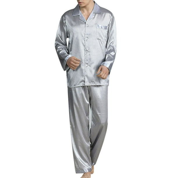 Cheap Men Long Sleeve Pajamas Set Ice Silk Casual Loose Homewear Sleepwear  Suit