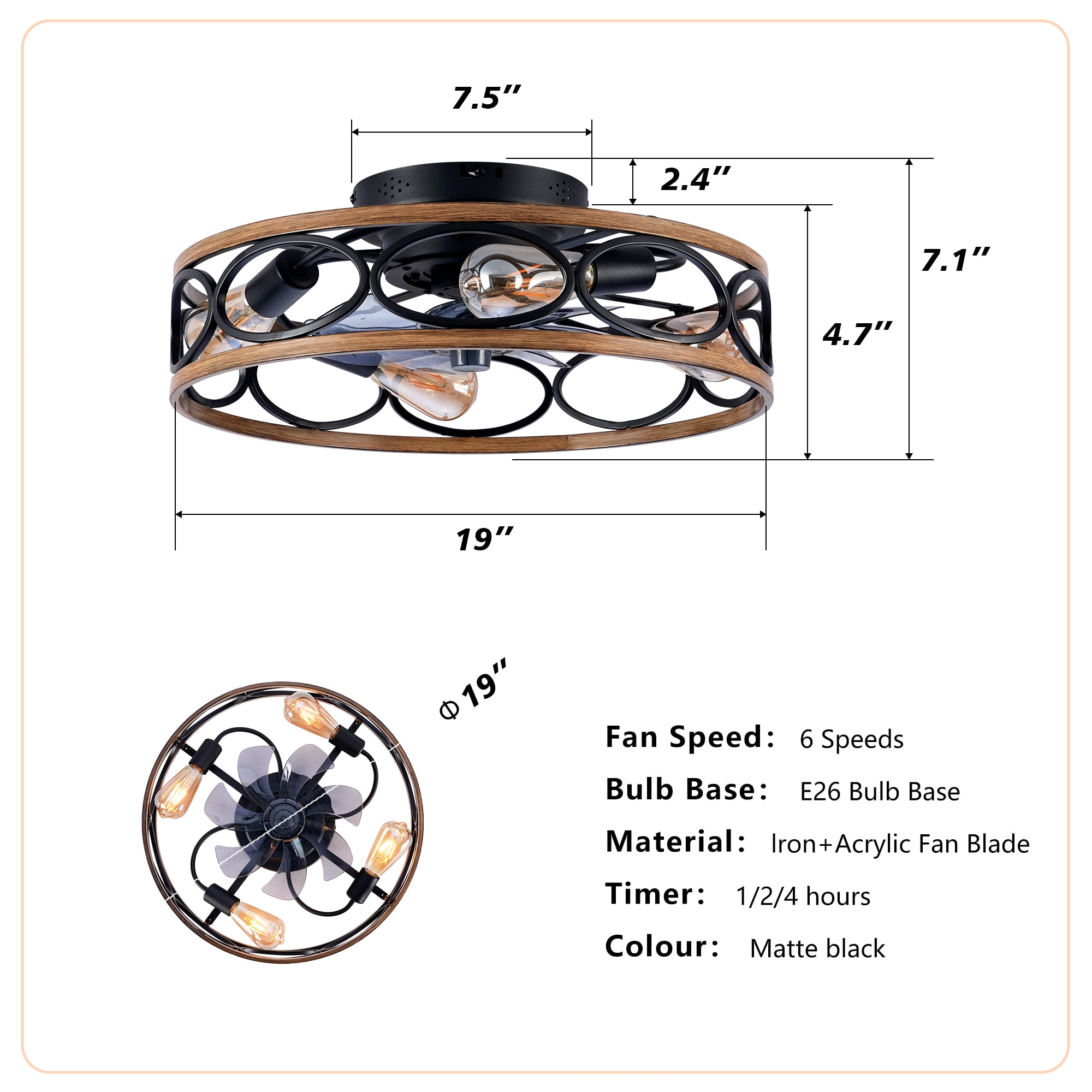 Leumius 20" 7 Blades Caged Ceiling Fan with Light and Remote, Flush Mount Caged Ceiling Fan 6 Speed Reversible with Remote Control for Living Room Bedroom Dining Room (NOT Included Bulbs)