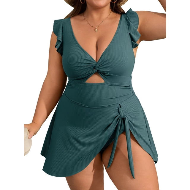Charmo Womens Plus Size Swimsuit Tummy Control One Piece Ribbed Swimdress Ruffle V Neck Cutout Bathing Suit with Skirt