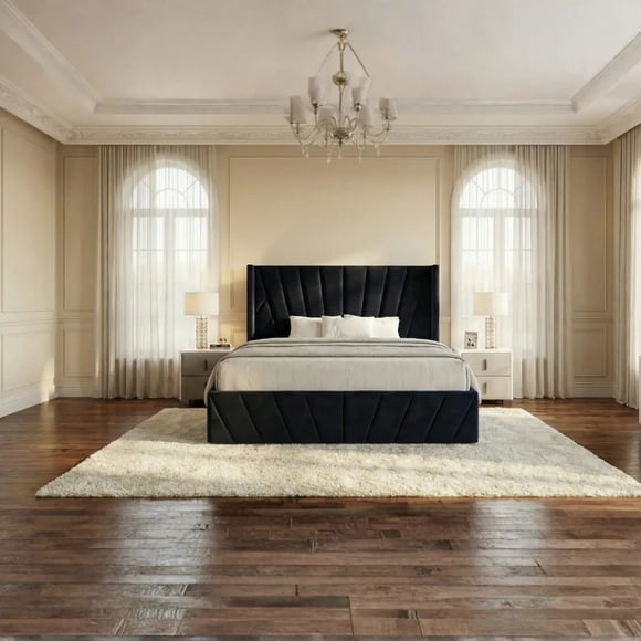 Velets Eva Upholstered King Bed Frame with Storage, Lift Up Storage King Bed, Hydraulic Gas Lift Platform King Size Bed Frame, Tufted Headboard