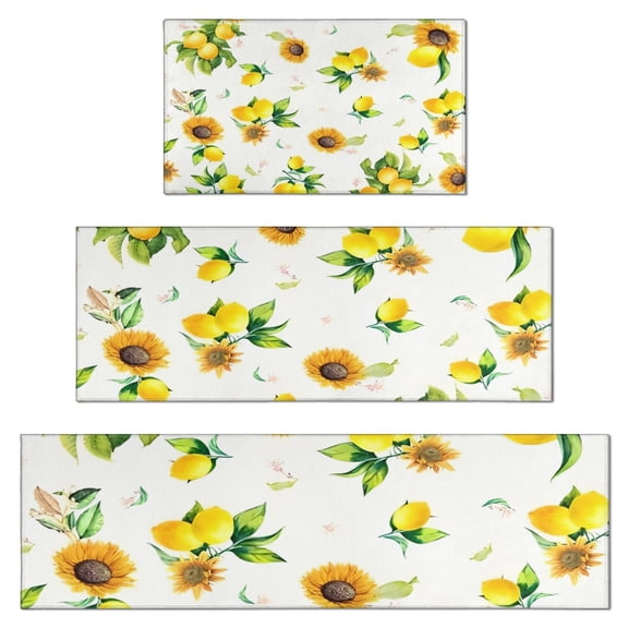 Yellow Lemon Fruit Sunflowers White Pattern Kitchen Rugs Sets Of 3,Kitchen Runner Rugs Non Skid Washable,Decorative Kitchen Floor Mats for Kitchen,Sink,Laundry,17"x30" 17"x47" 17"x59"