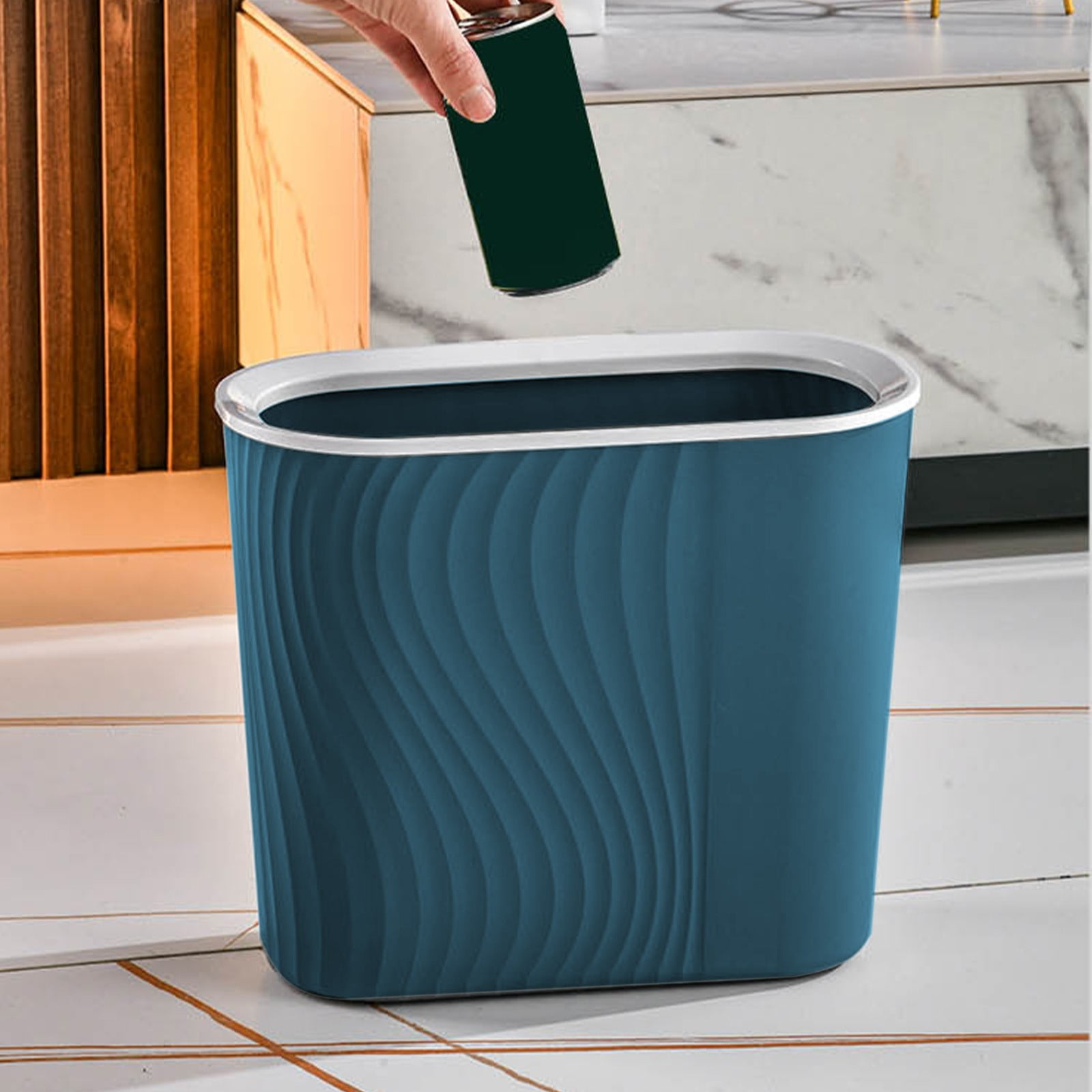 Cagogo Wastebasket, Plastic Trash Can, Striped Seamless Design for Home Kitchen Bathroom, Blue Gray White Small Garbage Bin for Office Garage Dorm