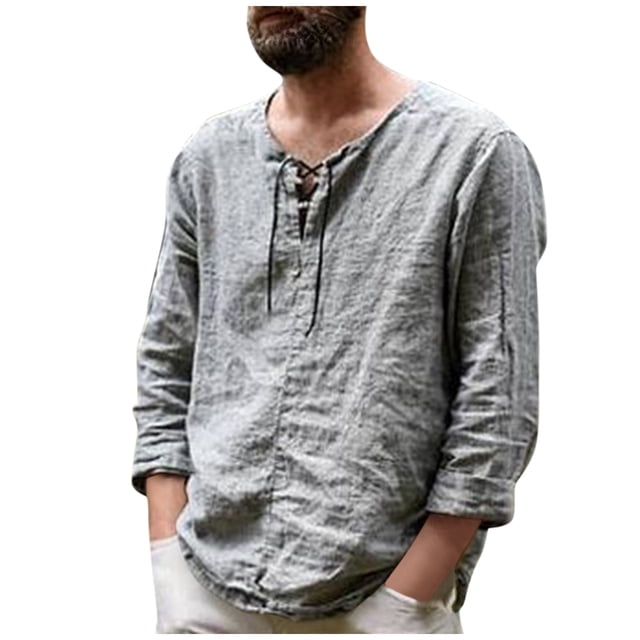 Men's New Long Sleeved Solid Color Trendy Cotton Linen Shirt Tie Up Top M