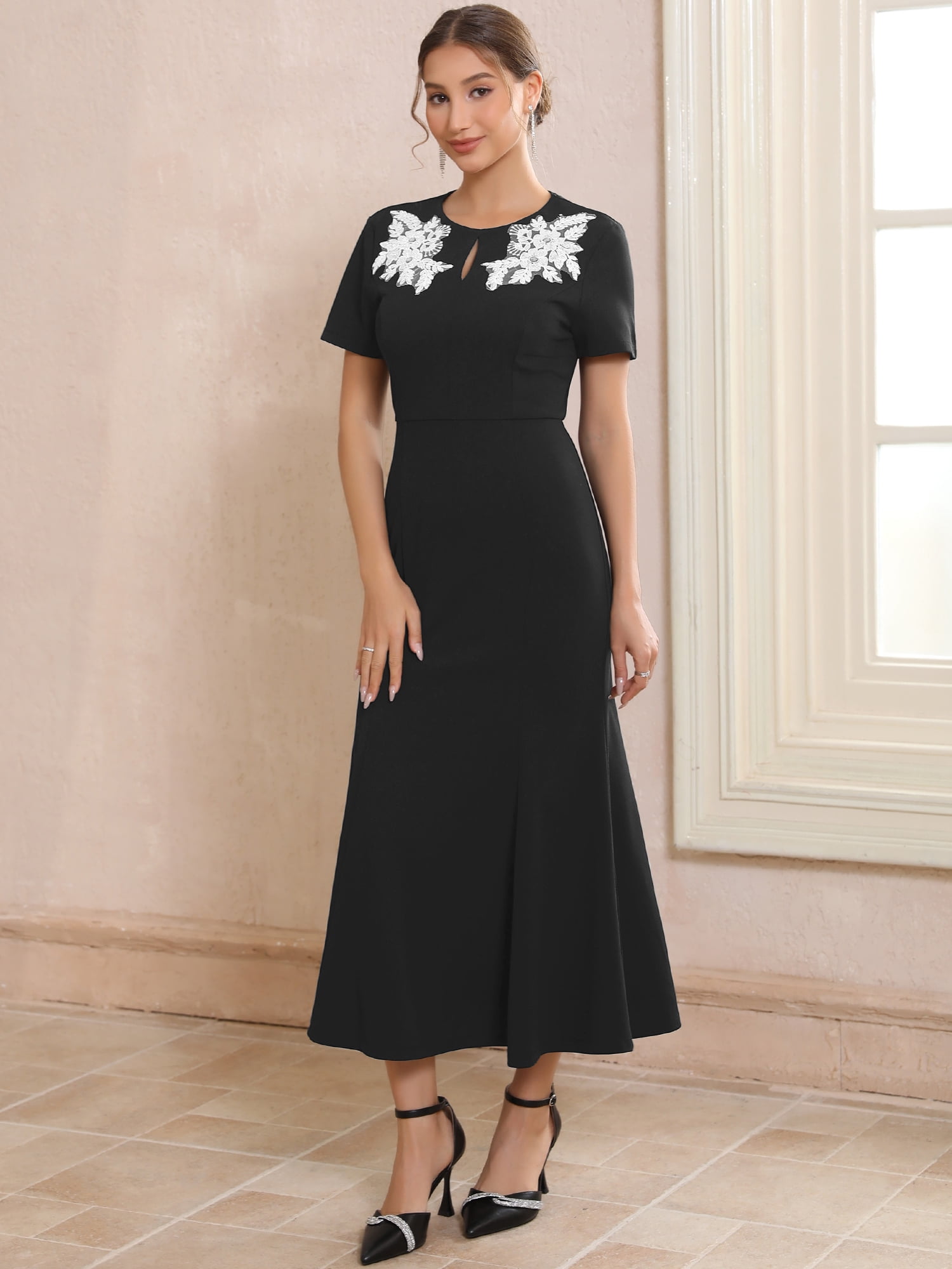 DARING DIVA Women's Lace Embroidered Crewneck Midi Dress for Wedding M Black