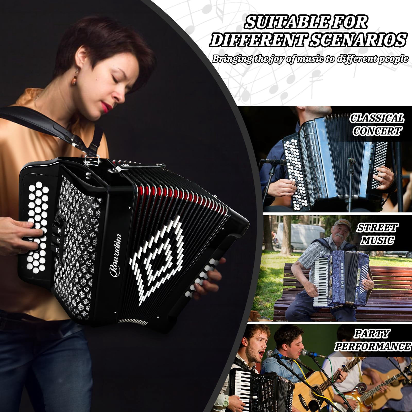 Rowadtim 34-Key Diatonic Accordion, 12 Bass Buttons, F/B/E Tuning, Push-Pull Heterophonic Design. Black Professional Beginner Accordion for Stage Performance, Practice, Ensemble Play & Music Training