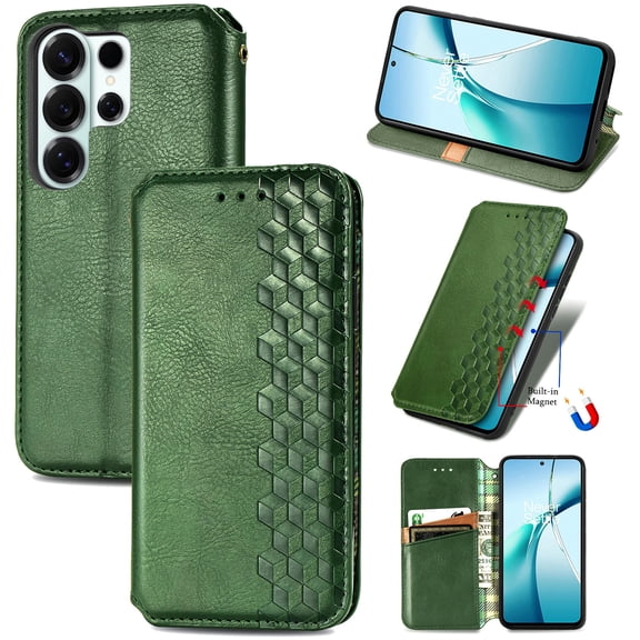 for Samsung Galaxy S26 Ultra Wallet Case, Embossed Pattern PU Leather Magnetic Clasp Flip Cover with Credit Card Holder Kickstand Shockproof Protection Cover for Samsung Galaxy S26 Ultra, Green