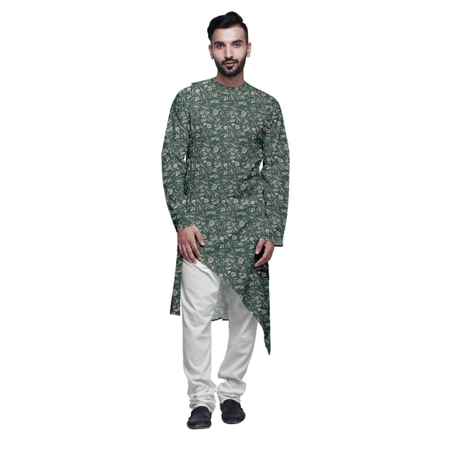 Atasi Kurta Asymétrique de Fête Indienne avec Ensemble de Pyjama Churidar Blanc pour Hommes