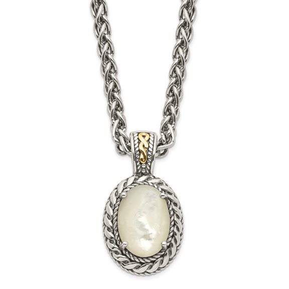 Diamond2Deal 925 Sterling Silver with 14K Accent Antiqued Mother Of Pearl Necklace for Women 18"