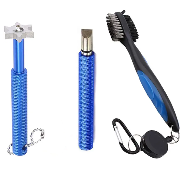 Kit de limpieza de golf, cepillo de palos de golf retráctil de 3 piezas con mosquetón + afilador de ranuras con 6 cuchillas, limpiador de palos de golf para ranuras en U y V ER