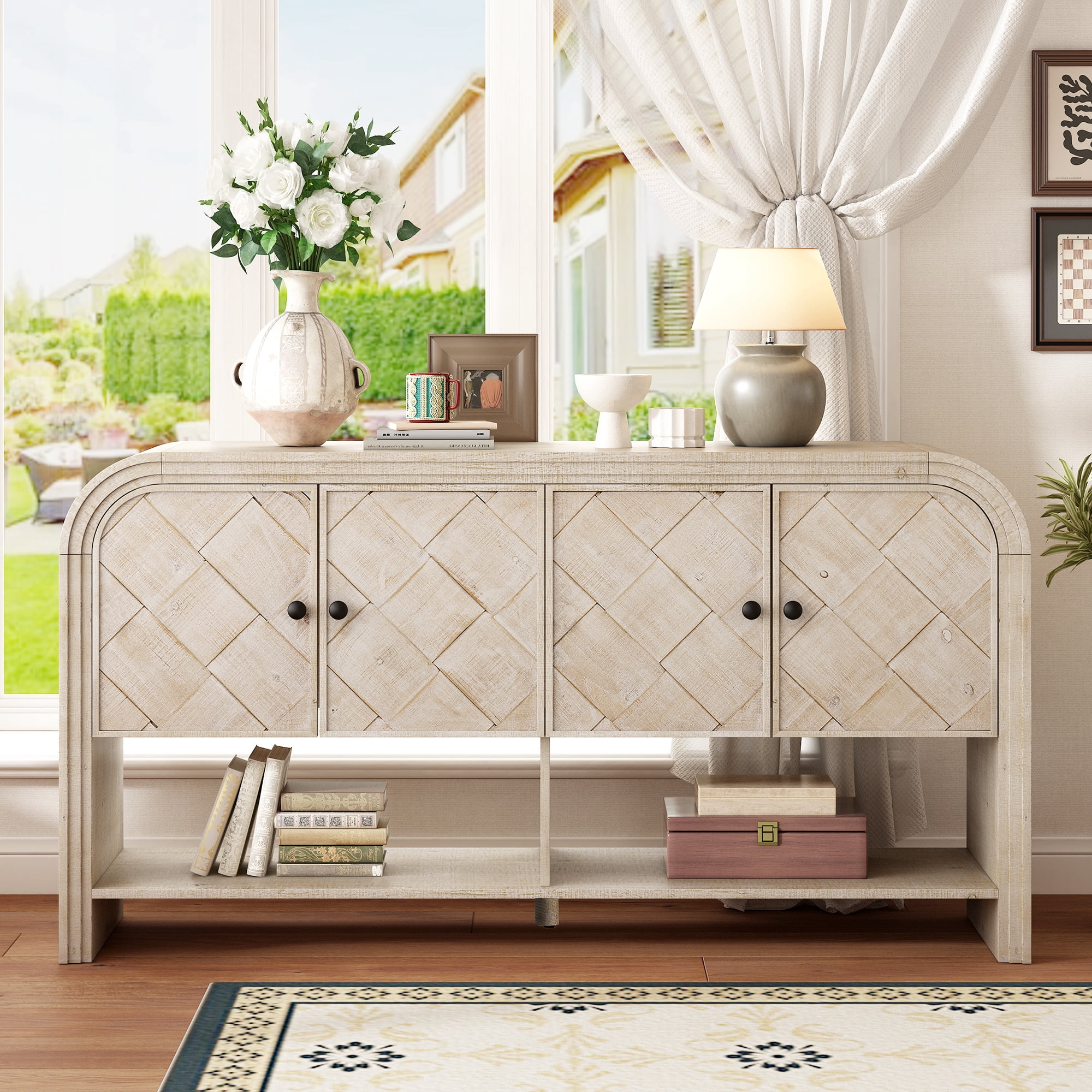 EUROCO 59.8" Long Console Table,Wood Entryway Table with 4 Doors and Open Storage Shelf, Narrow Long Sofa Table Behind Couch for Hallway, Living Room,Beige