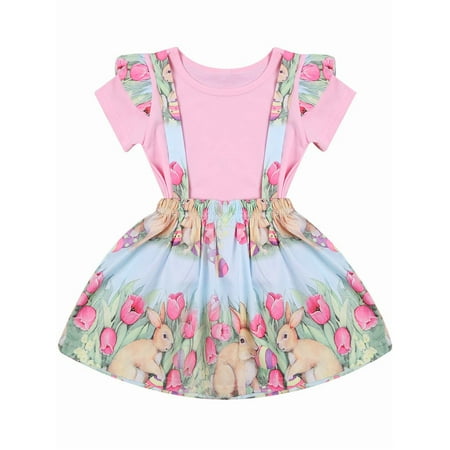 

Maxcozy Kids Baby Girl Toddler Easter Outfit Set Child Short Sleeve Top T shirt Bunny Suspender Skirt
