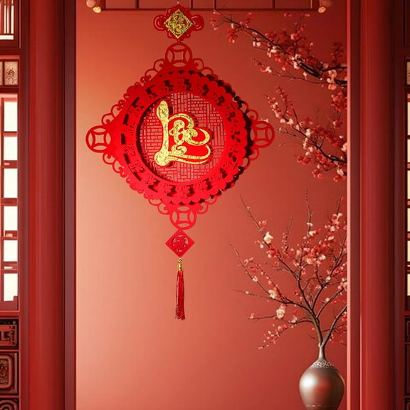 Xecvkr Vietnamese Year Paper Fan Ornament Blessing Tassel Spring Festival Hanging 2025 Red Flocking Carved Decoration Home Entrance Mall 17.7x30.7in 1pc