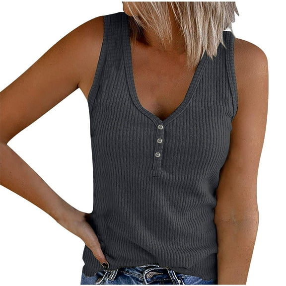 qucoqpe Women Summer Tank Tops Fashion Casual Loose Solid Color V Neck Sleeveless Button Lightweight Knitted Pullover Tops