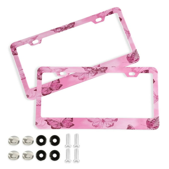 Aluminum License Plate Frame 2 Pack Car Exterior Accessory Car Tag Holder for Front Rear Plates Cars Decor Pink Butterfly Pattern