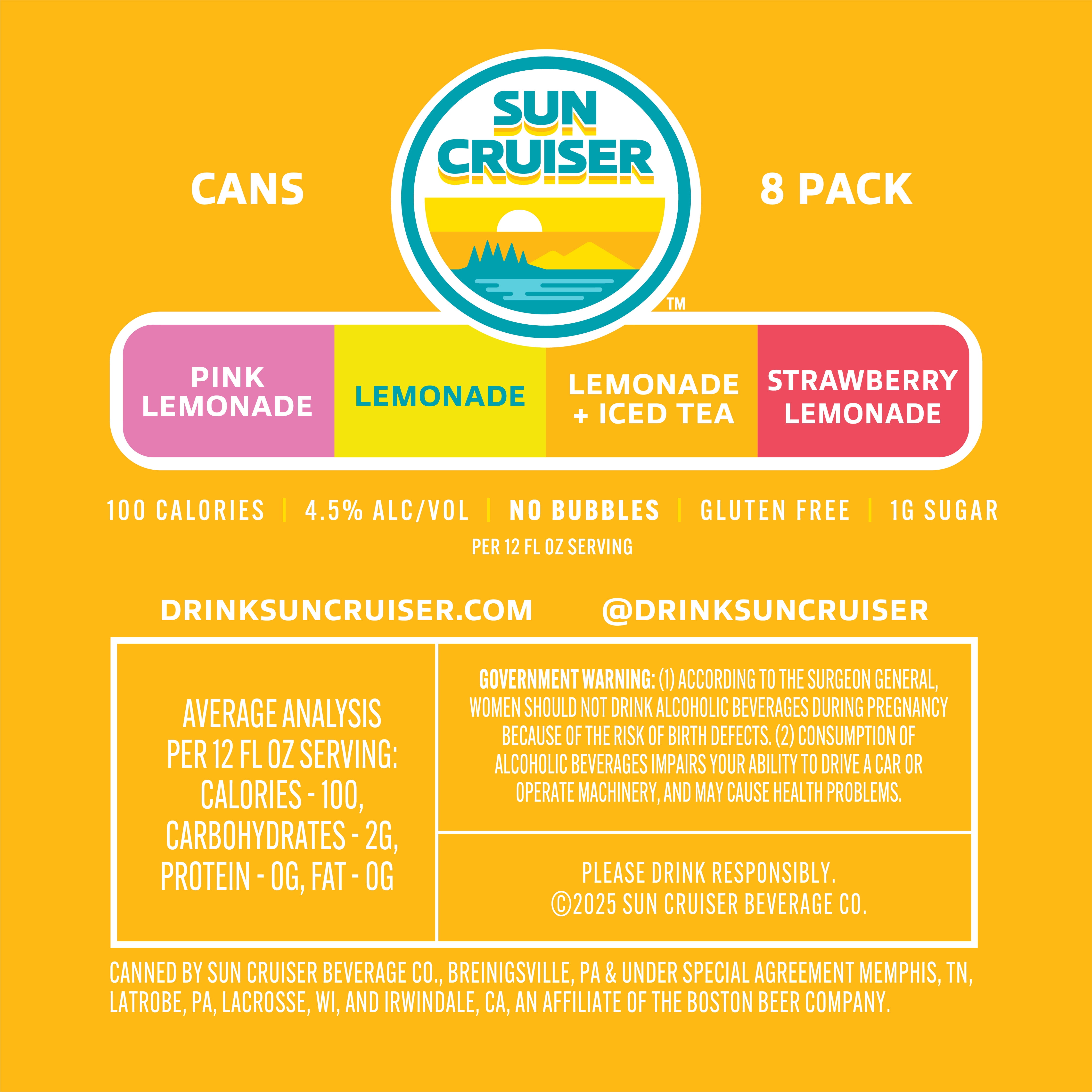 Sun Cruiser Lemonade Vodka Variety, 8 pack, 12oz Aluminum Cans, 4.5% ABV