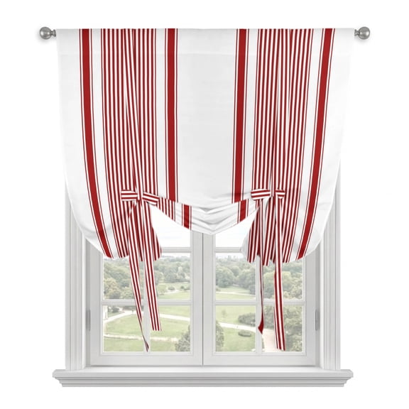 Red Striped Tie Up Curtains for Kitchen Windows,Adjustable Rod Pocket Valance 45 Inch Short, Farmhouse Thin Vertical Stripes Modern Window Treatment Balloon Roman Blind Shade, 42" x 45"