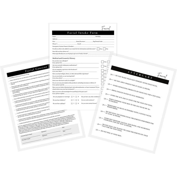 Facial Intake, Consent, and Aftercare Form  75 Pack  8.5 x 11" A1 Forms  Clients Signature  25 Intake Forms, 25 Consent Forms, 25 Aftercare Forms  Minimalist Design