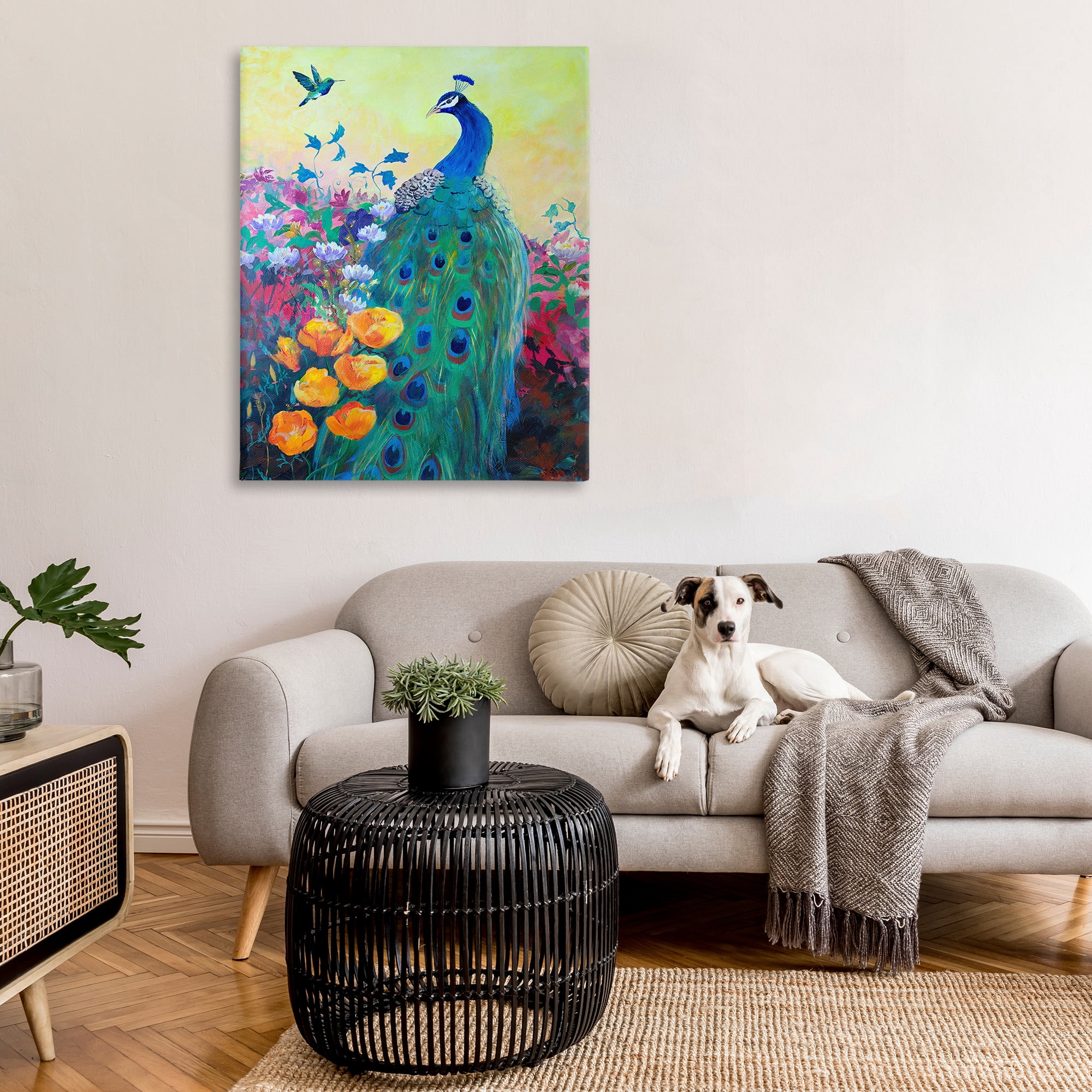 Stupell Industries Peacock & Garden Flowers Animals & Insects Painting Gallery Wrapped Canvas Art Print Wall Art, 36 x 48