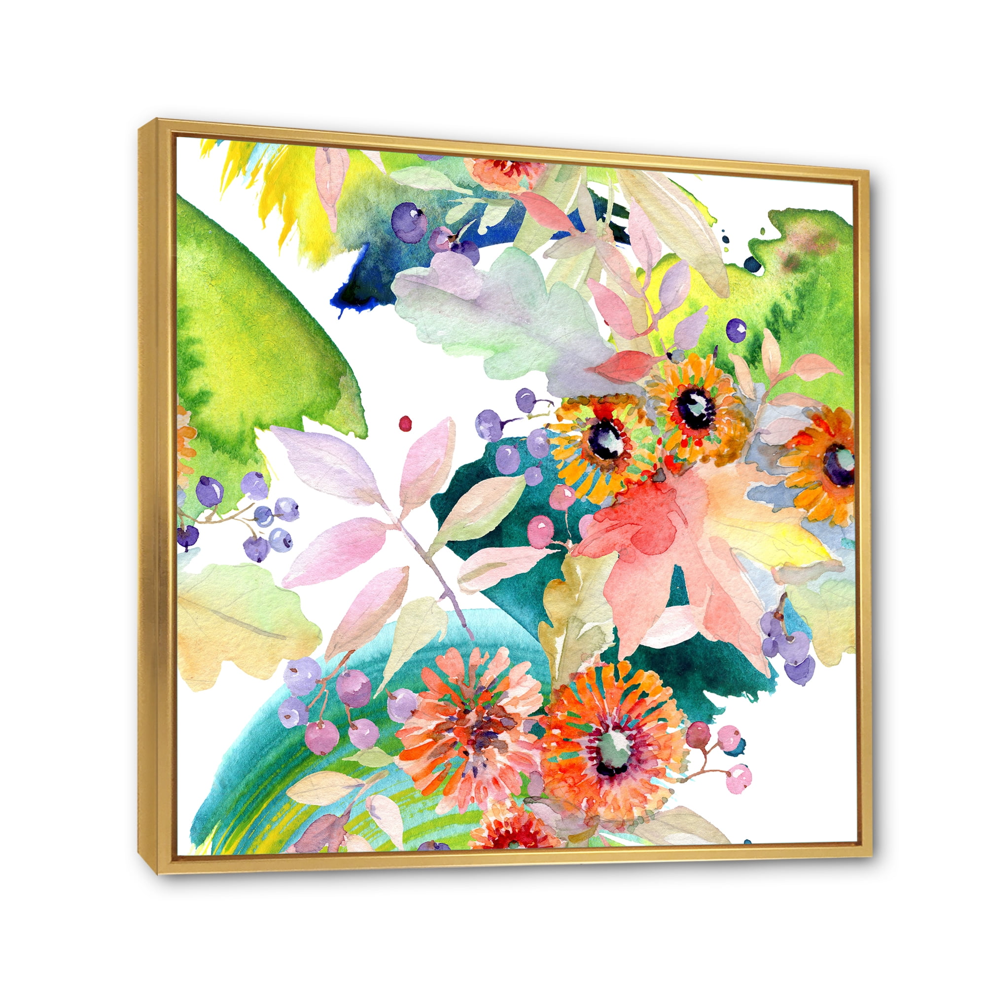 Designart 'Vital Wild Spring Leaves and Wildflowers III' Modern Framed Canvas Wall Art Print