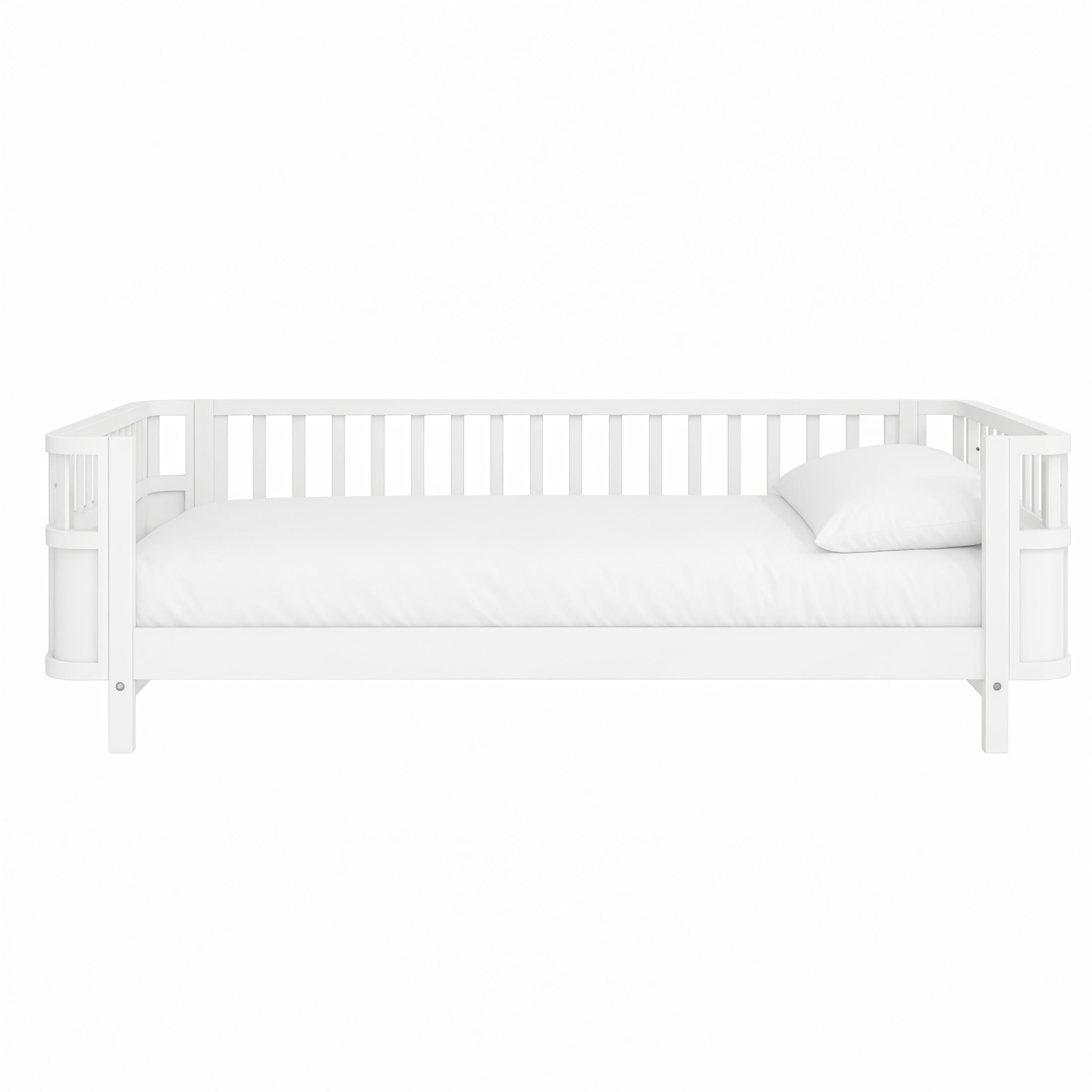 GDF Studio Darpel Twin Size Wooden Montessori Bed Frame with Guard Rails, Pine Wood Low-Profile Floor Kids Bed, White