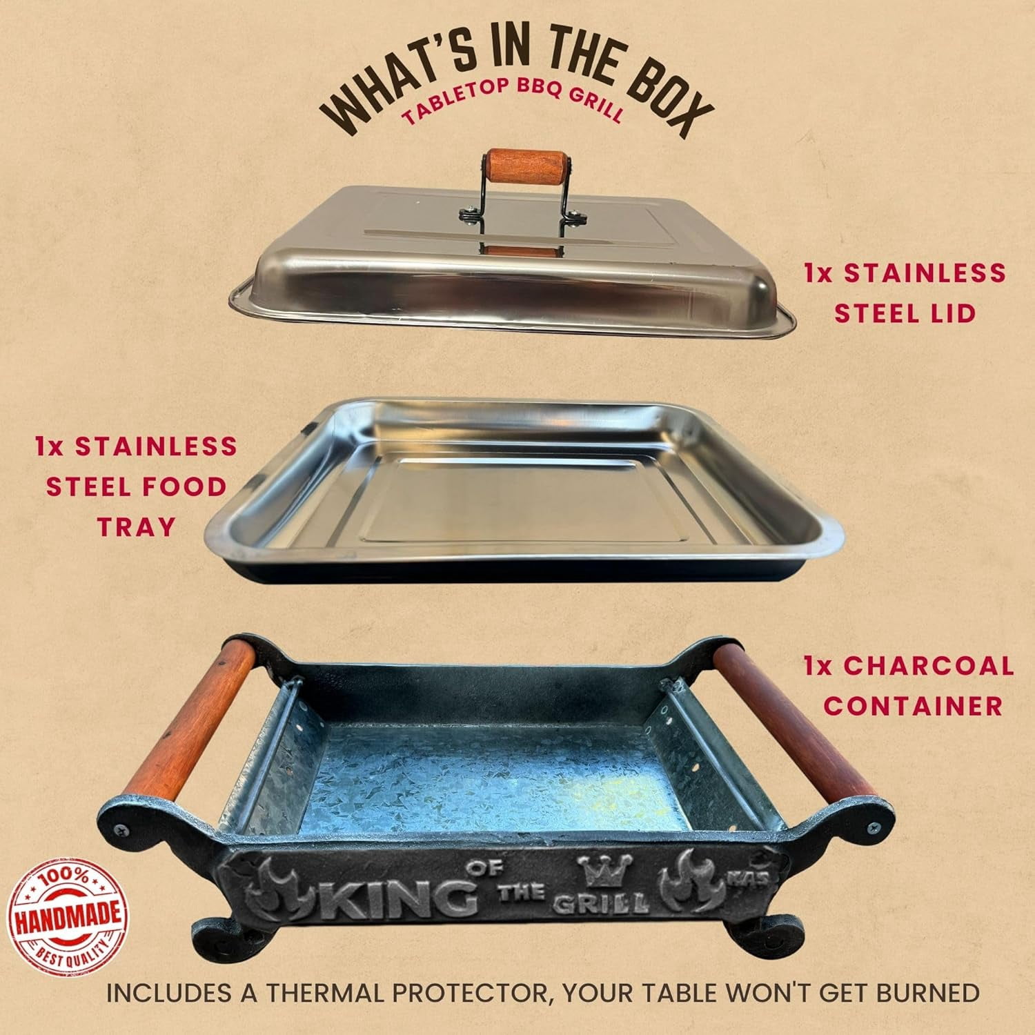 Handmade Cast Iron Tabletop Charcoal Grill & Food Warmer with Stainless Steel Tray, Wooden Handles, and Thermal Protector for Safe, Flavorful Grilling (King of the Grill)