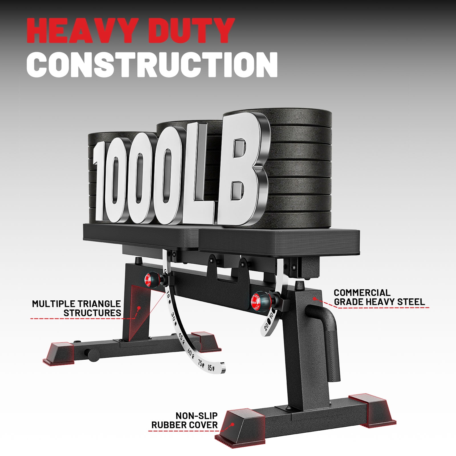 ROALW Heavy-Duty Adjustable Weight Bench for Curls & Full-Body Workout, Two-Way Angle Adjust, Extended Easy-Clean Backrest, Built-In Wheels for Home Gym