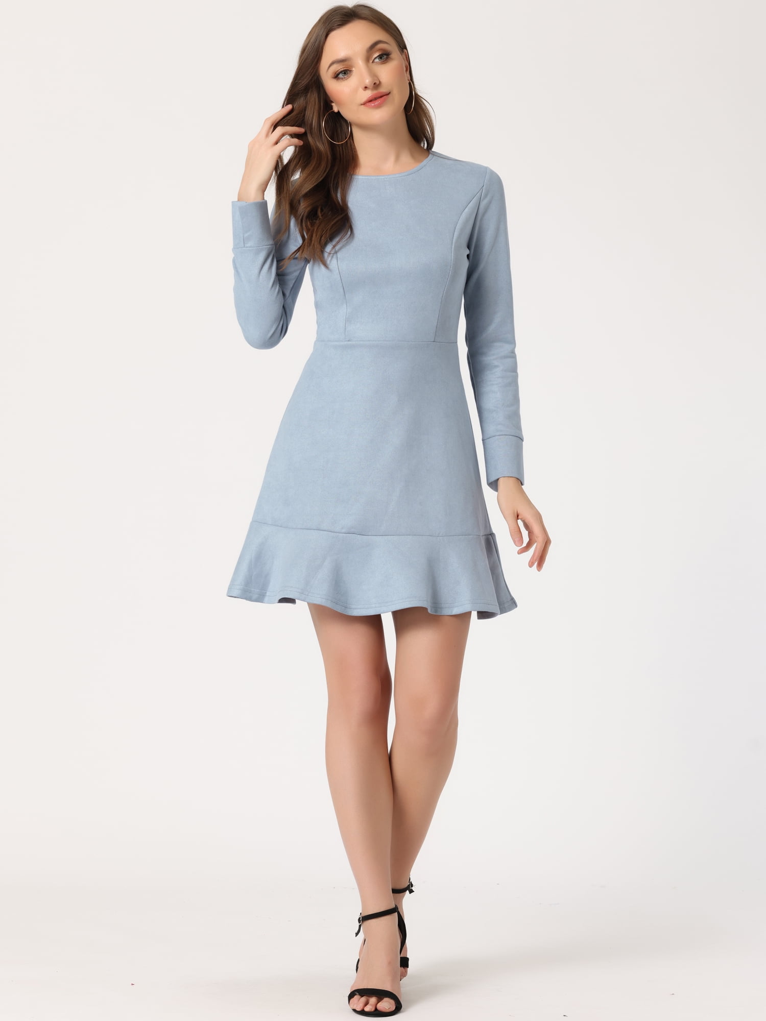 Unique Bargains Women's Faux Suede Ruffle Hem Long Sleeve Mini Dresses L Grey Blue