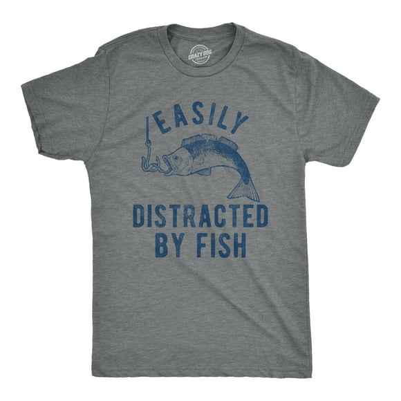 Mens Easily Distracted By Fish T Shirt Funny Fishermen Graphic Novelty Tee for Guys (Dark Heather Grey) - XL