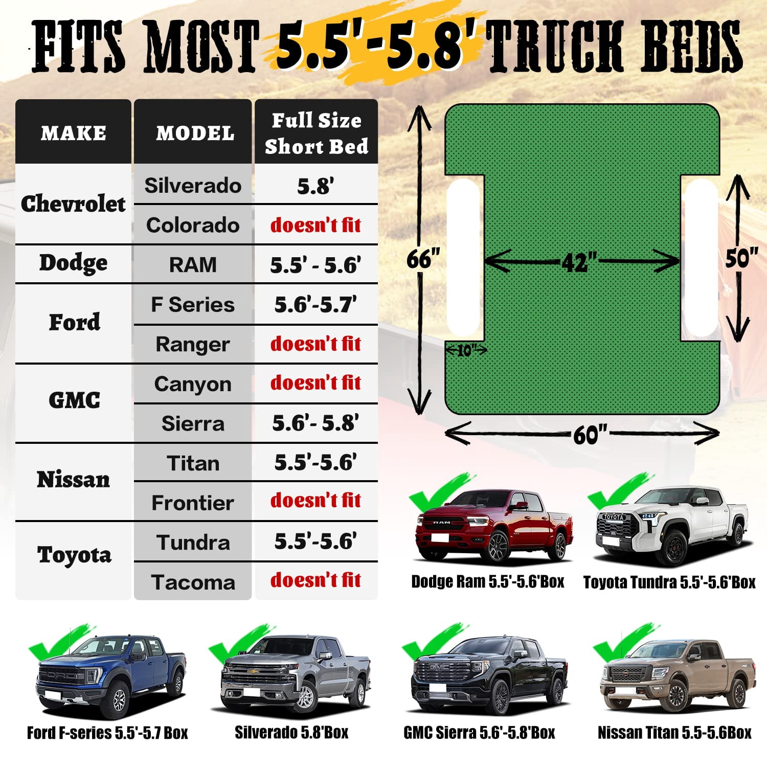 Truck Bed Air Mattress for 5.5'-5.8' Full Size Short Truck Bed Inflatable Camping Mattress with Pump & Carry Bag, Green