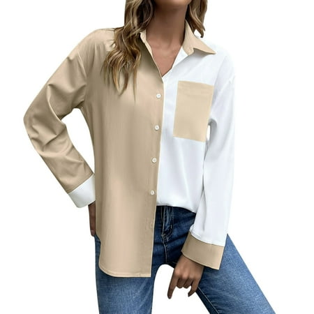 

QYZEU Dressy Plaid Tops Womens Sleep Shirt Women Contrast Stitched Single Cardigan Shirt Lapel Shirt