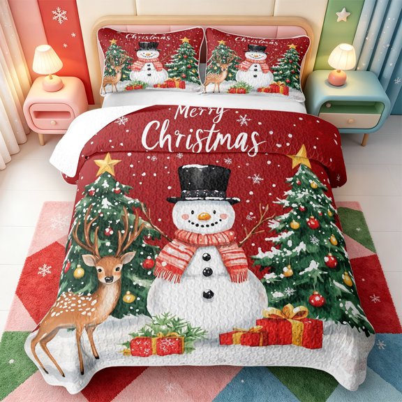 Manfei Bright Pink Christmas Quilt Full,Happy Xmas Full Bedspread Sets,3-Piece,1 Coverlet and 2 Pillowcases