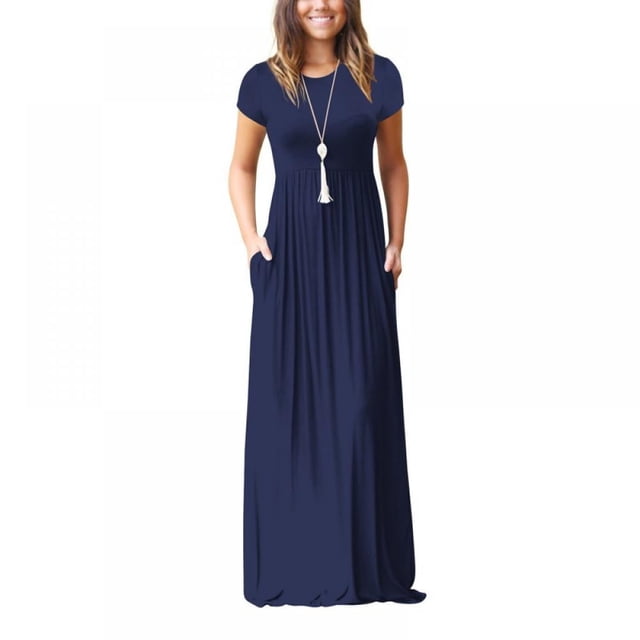 Robe Maxi pour Femme Col Rond avec Poche Été Ample Décontractée Robe Bouffante Femme Rétro Longues Robes vestidos mujer