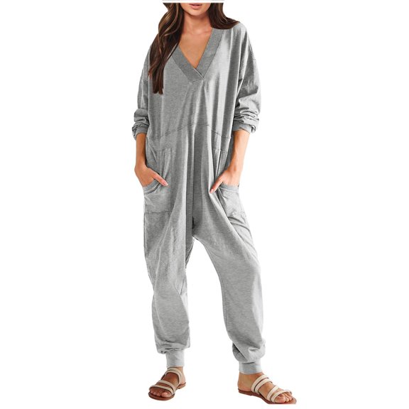 Elainilye Fashion Womens Onesie Pajamas Solid Color Casual Loose Fitting Jumpsuit Long Sleeved V-neck Jumpsuit Casual Pajamas,Gray