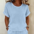 thumbnail image 4 of Gamivast 2 Piece Summer Outfits for Women Casual Linen Textured Short Sleeve Top and Drawstring Shorts Set Loose Fit Matching Lounge Sweatsuits Vacation Streetwear Pajamas Blue XXXL, 4 of 7