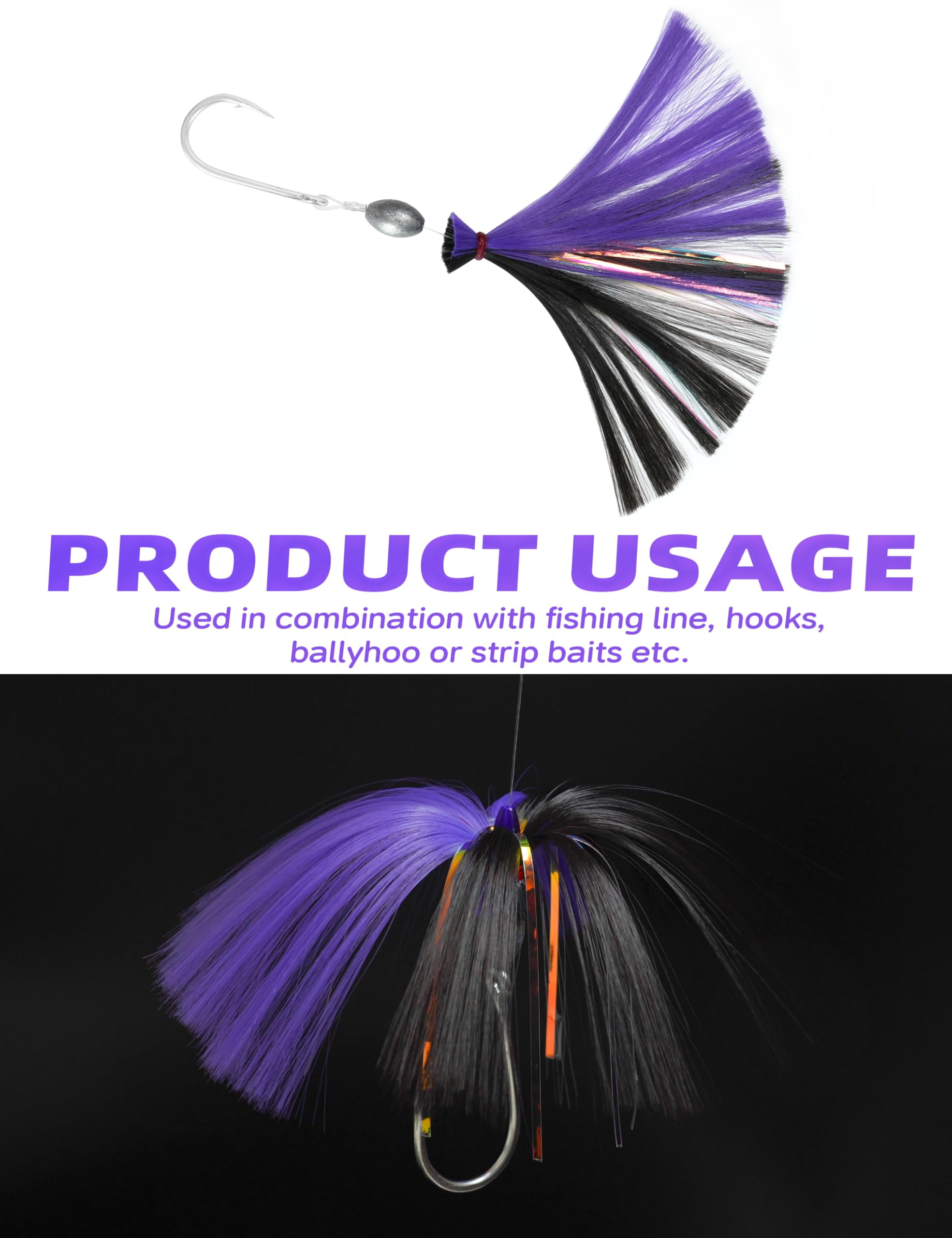 BLUEWING 1/2oz Sea Trolling Lures with Lead Head Saltwater Fishing Witches Big Game Ballyhoo Skirt for Tuna, Wahoo, Sailfish, Mahi Mahi, Black/Purple, Model B