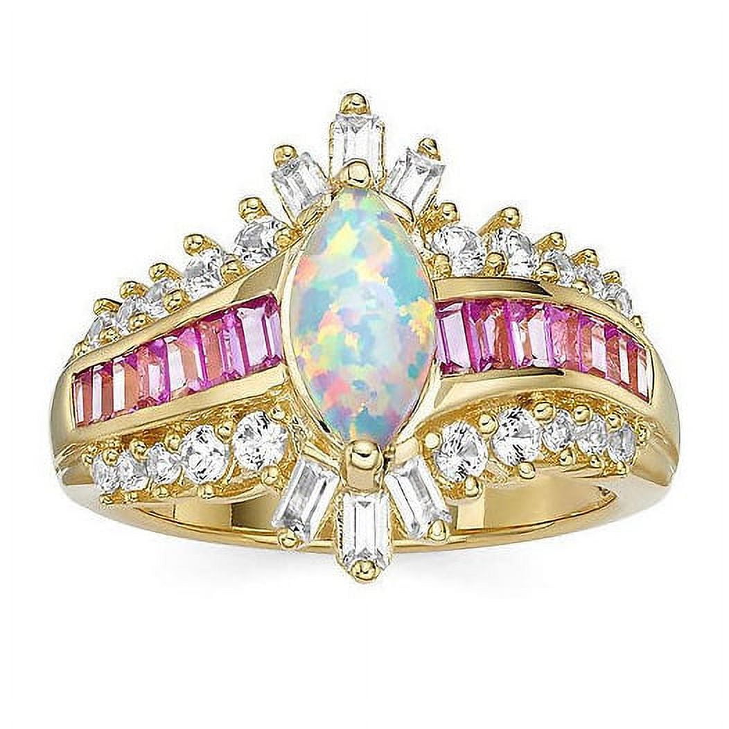 Jay Heart Designs 925 Sterling Silver with 14KY Gold Plated Silver Created Opal, Created Pink Sapphire and Created White Sapphire Marquise Ring